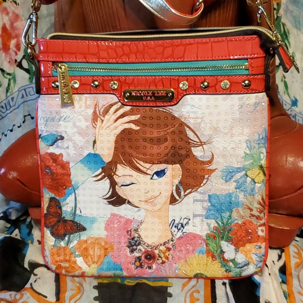 Nicole Lee Coral Multi Floral Cartoon Crossbody Bag